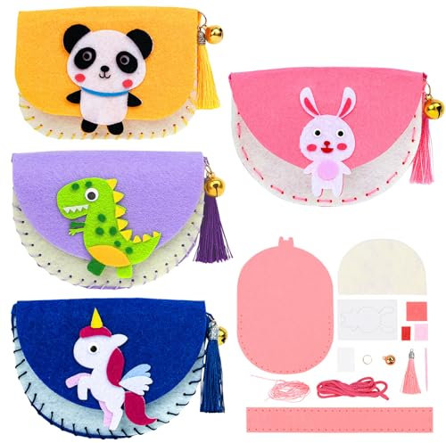 YCHYAN 4 Stück Nähset Sacs DIY Kinder, mit Dinosauriern, Kaninchen und Anderen Niedlichen Zeichentrickfiguren, Geeignet für Kinder im Alter von 3 Jahren und Darüber, Handgemachte Kreative Geschenke