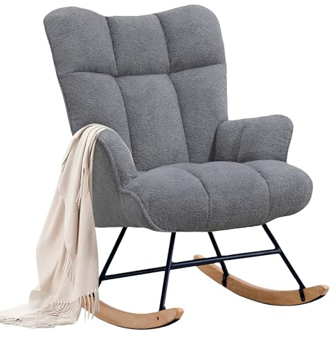XH.Easy Go Schaukelstuhl Stillsessel Schaukelsessel mit Armlehnen Gepolsterter Schwingsessel Stillstuhl Sessel Relaxsessel für Wohnzimmer Schlafzimmer Babyzimmer, Bis 136 kg Belastbar, Dunkelgrau