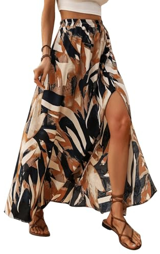 GORGLITTER Gonna estiva da donna stampata maxi bohémien, linea A, gonna lunga con spacco a vita alta, marrone, L