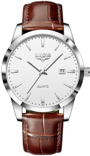 LIGE Reloj Hombr | Analógico Elegante Vintage Caballero Relojes Clásico Cuero Movimiento de Cuarzo Japonés Agujas Luminosas Men Watch Resistente Al Agua Mens Watches con Fecha,Plata Blanco