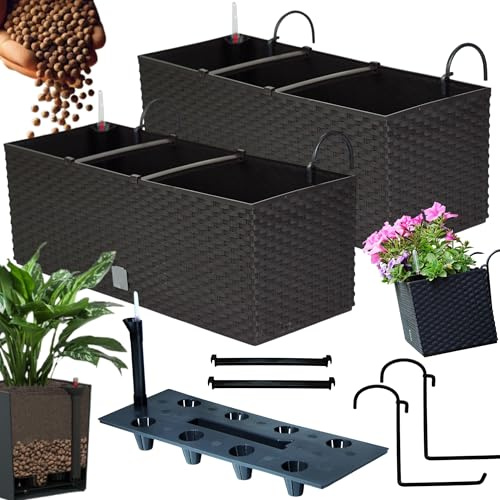 Blumenkasten Balkon Set 2 X 51x19x18,5 cm | Balkonkasten in Rattanoptik | Pflanzkasten mit Griff, Halterungen und Bewässerungssystem | Blumentöpfe für die Terrasse | Pflanzkübel in edlem Design |Umbra