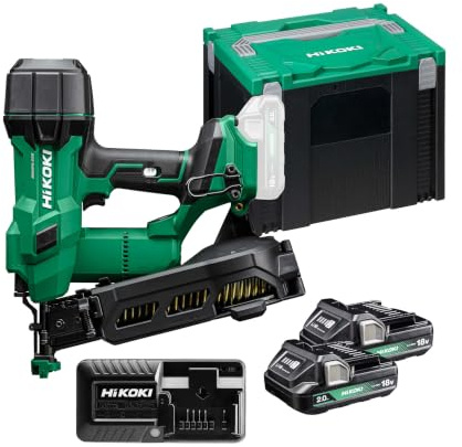 HiKOKI Batteridriven takpapp spikar – 18 V, 25–45 mm spikar, luftfjäderdrift, borstlös motor – kraftfull, underhållsfri och mångsidig – inkl. 2 x 2,0 Ah batterier laddare fodral