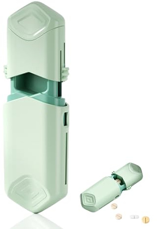 Tablettenteiler, Tablettenschneider für Kleine und Große Tabletten, Teleskopisch Pillenteiler mit Aufbewahrungsfach, Tragbarer Pillenschneider für Reise & Täglichen Gebrauch (Grün)