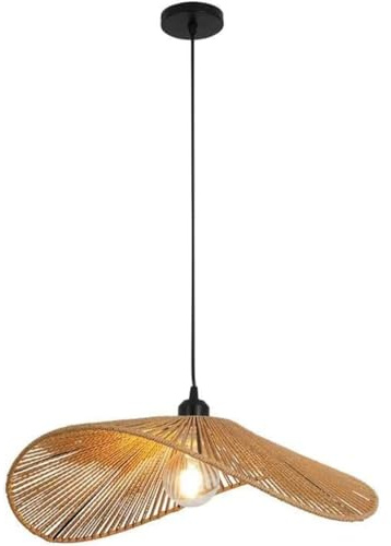 Hobaca E27 Vintage Mid-Century Pendelleuchte - Japanischer Rattan Wabi-Sabi Stil (Creme/Naturhanffarben) - 42cm Ø x 15cm H - Wohnzimmer/Esszimmer - Warmweißes Licht - Für Privat & Gewerbe