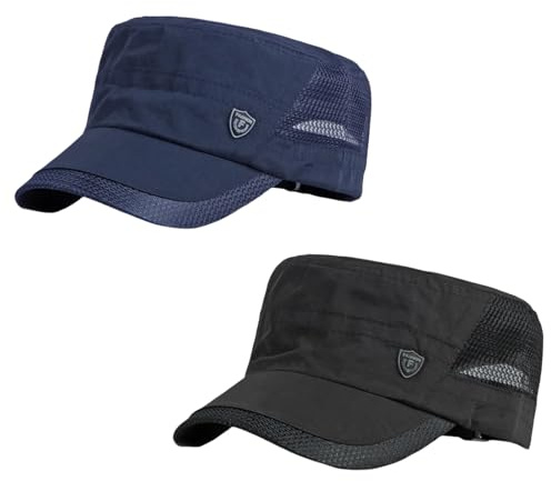 HIQIU 2 Stück Military Cap Herren Sommer Dünn Cadet Hut - Verstellbar Flat Top Militärkappen Herren Atmungsaktiv Mesh Army Cap Sport Baseballmütze