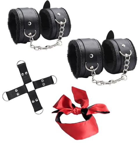 Kits de Fesseln 4 en 1,Menottes Érotique + Eye Soie Noir Rouge,Menottes Lit Set,Set Accessoires,Retenue et Fesseln,Jeux Érotiques Couple (B)