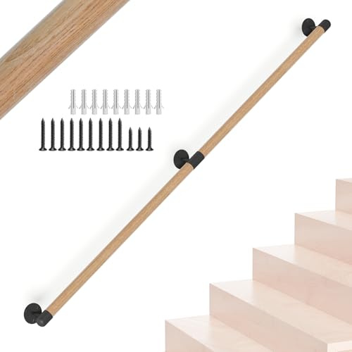 180CM/6FT Round Wooden Stair Handrail,Indoor Staircase Handrail,Wall Mount Support Stair Railings, Non-Slip Safety Corridor,Lofts,Patio,Guardrail Wood Hand Railings For Elderly,Children,Disable People