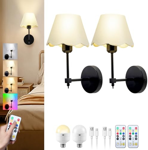 Battery Operated Wall Sconce Set of 2, Rechargeable Wall Lights with 5200mAh Detachable Charging Bulbs and Remote, 6 Colors RGB Dimmable Wireless Wall Lamp for Bedroom Living Room Hallway, No Wire
