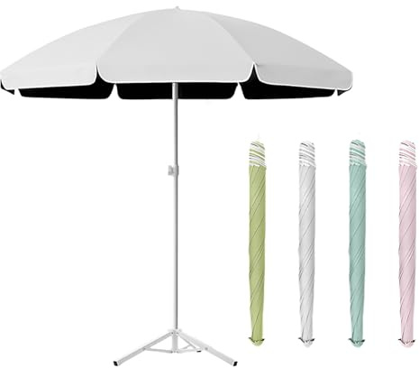 Ombrellone da esterno da 1,8 m, impermeabile, protezione UV, manovella regolabile con base, perfetto per piscina, spiaggia, giardino, elegante baldacchino bianco