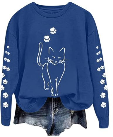 Generisch Jersey para mujer casual con bonito estampado gráfico de gato, manga larga, sudaderas holgadas, jersey, blusa, azul, XXL