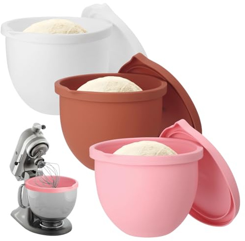 SWEWARM 3 Pcs Silicone Bowl Liners, Fits 5 QT Stand Mixer, Flexible Mixing Bowl Inserts with Lids, Easy to Clean, Ideal for Baking Prep, Dough Fermentation, White & Brown & Pink