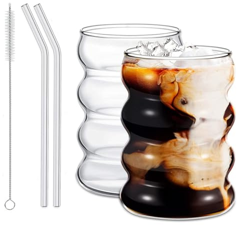 sengcengs Latte Macchiato Gläser Set, 2 Stück 320 ml Bubble Gläser, Trinkgläser mit Glasstrohhalmen, Gerippte Trinkgläser-Wave, Kaffeegläser, für Kaffee, Saft, Milch, Wasser, Bier usw