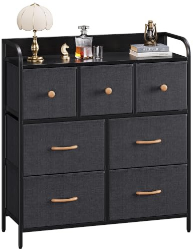 Nicehill Chest of Drawers with 7 Drawers, Wood Top and Sturdy Storage Frame, Chest of Drawers for Bedroom Storage, Kids room, Living room, Closet, Black