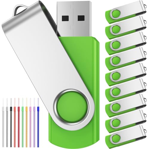 FEBNISCTE USB Flash Laufwerk 4GB 10 Stück USB Sticks Datenspeicher | Grün Speicherstick 4 GB Pen Drive Tragbar USB-Sticks Einklappbare Flash Drives für Werbegeschenke mit Seil