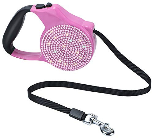 Soleebee Correa para perro pequeño, 5 m retráctil, mango antideslizante, diamantes de imitación brillantes (rosa), hasta 15 kg