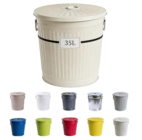 Jinfa Bidone spazzatura interno pattumiera metallo con coperchio differenziata esterno vintage secchio immondizia | Bianco crema 35 litri