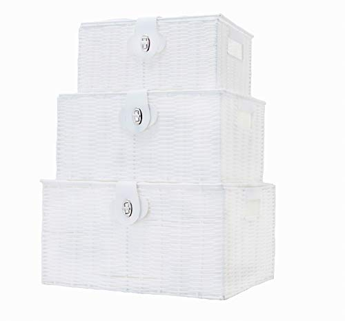 Vencier Set of 3 Resin Woven Storage Basket Box with Lid & Lock, White, Large, Medium, Small (White)