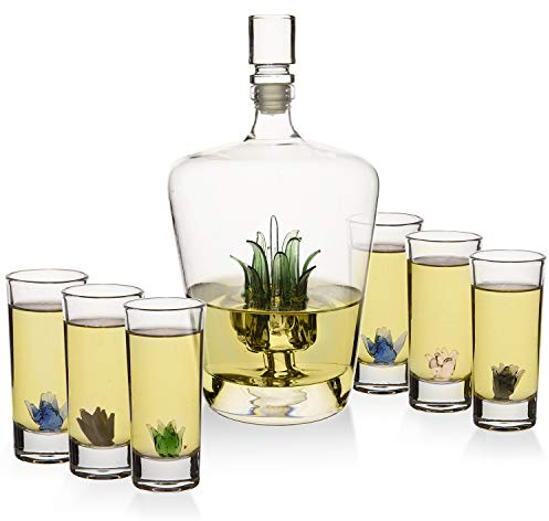 Agave Tequila Glasses & Decanter Set – Handblown 25oz Liquor Decanter & 6 Shot Glasses, 3oz Sipping Glassware – Unique Tequilas Gifts & Gift sets, Agave-Inspired Barware for Mezcal, Whiskey & Spirits