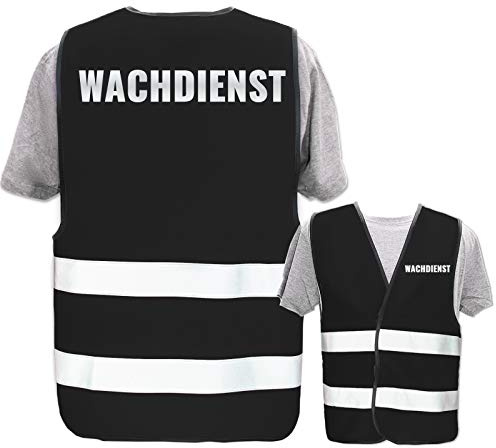 Bedruckte Warnwesten mit ISO-Leuchtstreifen * Standard- oder Reflex-Druck * Thema Sicherheit & Team, Warnweste Begriffe Security:Wachdienst (Reflektierend), Farbe + Größe:Schwarz (XL/XXL)