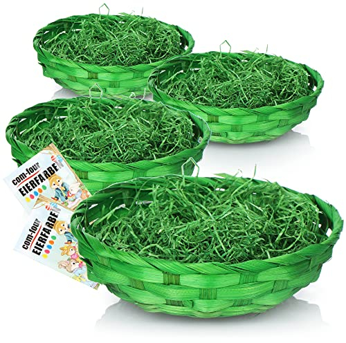 com-four® 4x Easter baskets with deco grass and colored eggs - green Easter baskets with green grass - raffia basket with colored Easter grass and colored eggs (Set 4 - green)