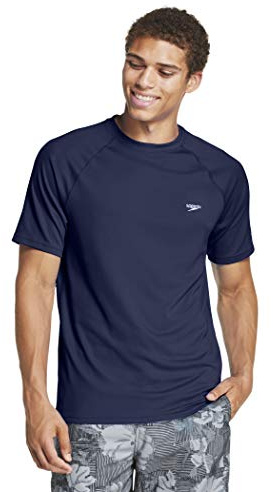 Speedo Men's Uv Swim Shirt Short Sleeve Loose Fit Easy Tee, Peacoat, Uv Swim Shirt Short Sleeve Loose Fit Easy Tee