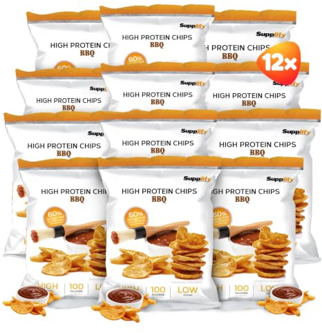 Supplify Chips Altos en Proteína (BBQ, Veganas), Snack Proteico para Pérdida de Peso o Desarrollo Muscular, Alternativa Deliciosa (12 x 50 g)