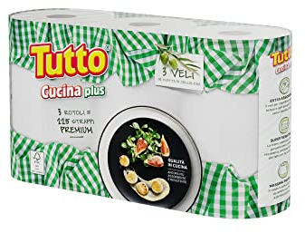 Tutto Cucina Plus, 3 Rotoli Carta Adatti a Tutte le Superfici, dalla più Liscia alla più Irregolare, Asciugatutto con 3 Veli di Pura Ovatta di Cellulosa, Made in Italy, 821645G-1
