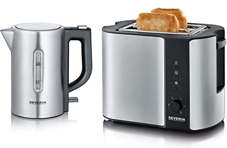 SEVERIN Reise-Wasserkocher-Set, Mini-Reisewasserkocher für 0,5 L, elektrischer Wasserkocher & Automatik-Toaster, Toaster mit Brötchenaufsatz, 800 W, Edelstahl-gebürstet/schwarz