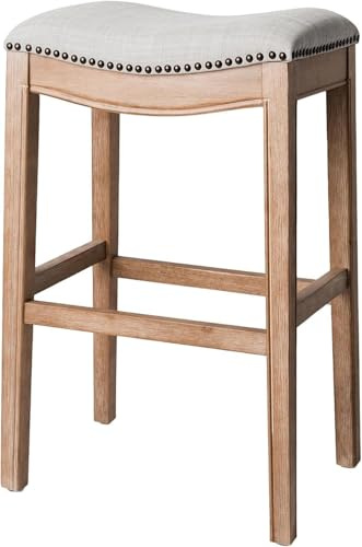 Maven Lane Adrien 79 cm Counter Height Upholstered Backless Saddle Barstool in Weathered Oak Finish with Sand Color Fabric Cushion Seat, Hand-applied nail heads