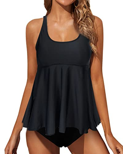 JFAN Tankini Donna Mare Costume Donna Due Pezzi Gonna Tankini e Slip da Bagno Bikini Controllo Pancia Nero XL