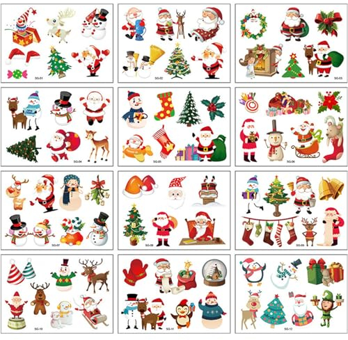 BOOSHMall Tattoo Weihnachten Kinder, 24 Blätter Temporäre Tattoo Kinder Set, Weihnachts Aufkleber, Kindertattoos für Party Mitgebsel Kindergeburtstag