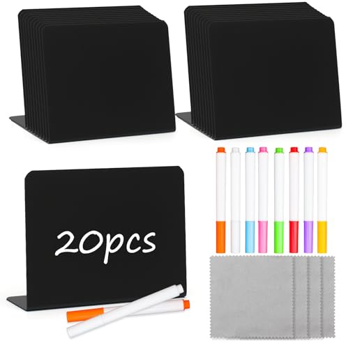 RAFIYU Kreidetafel Klein Set, 20 Schilder Mini Tafeln zum Beschriften, Preisschilder Aufsteller in L-Form, Wiederverwendbare Kreidetafeln mit 8 Stift Geliefert für Buffet Schilder Café Hochzeit Party