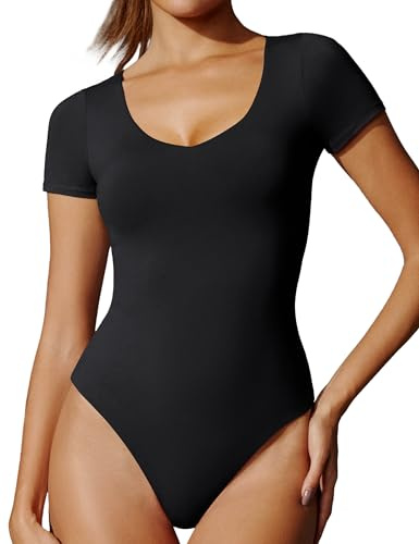 IUGA Bodysuits for Women Tummy Control Short Sleeve V Neck Body Suits for Womens Compression Slimming Thong Bodysuit
