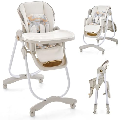 COSTWAY Baby Hochstuhl klappbar, Babystuhl mit Liegefunktion, Rädern & Doppeltablett, Aufbewahrungstasche, Kinderhochstuhl mit verstellbarer Höhe, Rückenlehne & Fußstütze für 6–36 Monate (Grau)