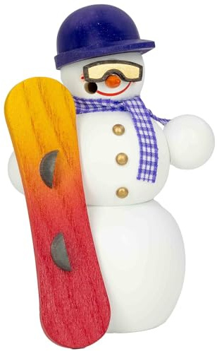 Seiffener Volkskunst | Räuchermännchen | Räucherfigur 13 cm | Schneemann | Original Erzgebirge | 12221 | mit Snowboard