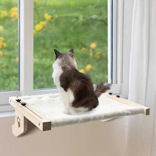 TUSATIY - Letto per finestra per gatti da 55 cm, amaca robusta e durevole per gatti con cornici, trespolo in legno per gatti da interni, facile da montare per davanzale, comodino e altro (peluche