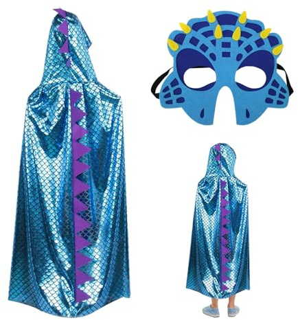 DAZZLUXE 1 Set Dinosaurier-Kostüm für Kinder, Dinosaurier-Maske, blauer Kinderumhang, Dinosaurier-Umhang, Kinderkostüm, perfekt für Geburtstagsfeiern, Themenspiele, geeignet für Mädchen und Jungen