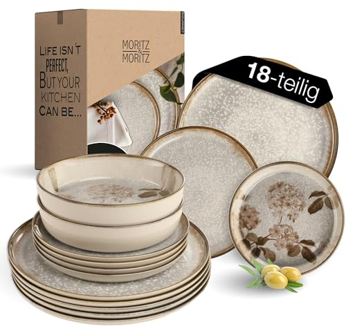Moritz & Moritz BLOSSOM - Set di stoviglie da 18 pezzi, per 6 persone, elegante set di piatti floreali in porcellana di alta qualità, 6 piatti da dessert, 6 piatti fondi