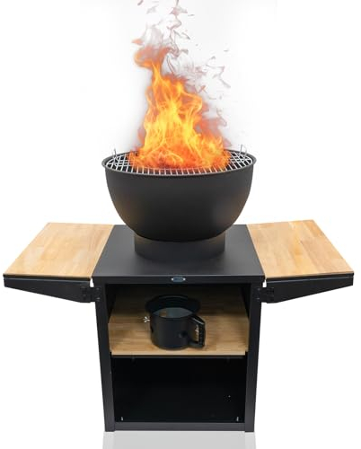 Heat Outdoor Living Kjok eldskål – utomhuskök med plancha och grill – eldskål för utomhusbruk, grill med förvaring – Utomhuskök av stål – Grillbord – Eldgropar och Skålar -120x60x100 cm (svart)