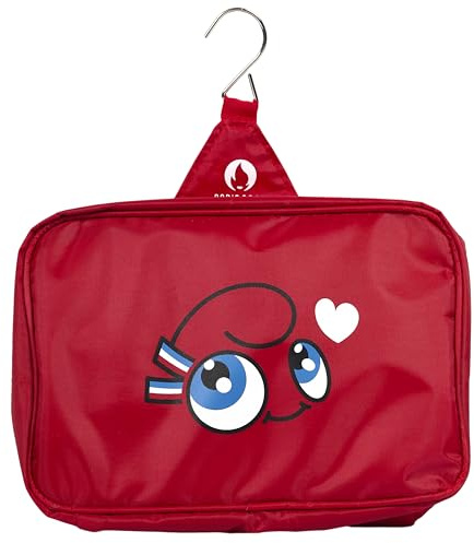 PARIS 2024 - Trousse de Toilette Mascotte Love - Produit Officiel sous Licence - À Suspendre - Imperméable et Réutilisable - Avec Crochet et 3 Flacons - Fermeture Éclair