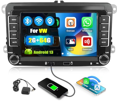 CAMECHO 2+64G Android 13 Autoradio für VW Golf 5 Golf 6 Skoda Polo Passat Tiguan Touran mit Carplay/Android Auto/Mirrorlink,7 Zoll Touchscreen mit WiFi Bluetooth GPS FM RDS 2USB