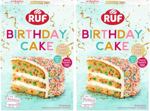 RUF Birthday Cake, Geburtstagskuchen, Schicht-Torte aus Rührteig und Konfetti-Streusel, Tortencreme und buntem Dekor-Mix, für Kindergeburtstag, Familienfeier, Einschulung, 1x425g (Packung mit 2)