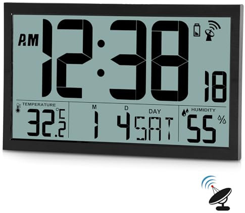 SZELAM Radio Controlled Wall Clock,16.7 Large Display Digital Wall Clock Battery Operated,Digital Calendar Auto Setting Desk Clocks with Indoor Temperature,Humidity,Date,Day,Auto DST for Elderly