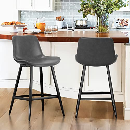LUE BONA Barhocker 2er Set mit Lehne,61cm Hoch Barstuhl Metall mit Kunstleder Sitzfläche,Bar Hocker mit 4 Metallbeinen,Moderner Barstuhl für Küche,Theke,Gray