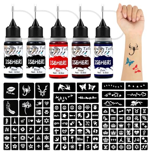 ISEHERI Temporary Tattoo Kit 5 Bottles Color Inks,115 Pcs Stencils Kit for Body Paint DIY Fake Tattoos for Kids(black*2, brown, red, cyan)