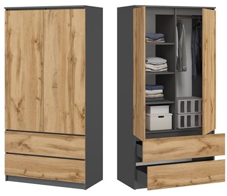 Home Collective Kleiderschrank Schrank Mehrzweckschrank Haushaltsschrank 90x50x180 cm (BxTxH) mit 2 Schubladen, 3 Einlegeböden & Kleiderstange – robust, platzsparend & vielseitig | Anthrazit/Eiche