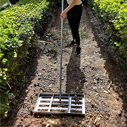Râteau à gazon, râteau à feuilles de jardin en acier, râteau de nivellement de pelouse robuste avec manche de 47 pouces de long, outil de finition de jardin en acier inoxydable, tondeuse à gazon ver