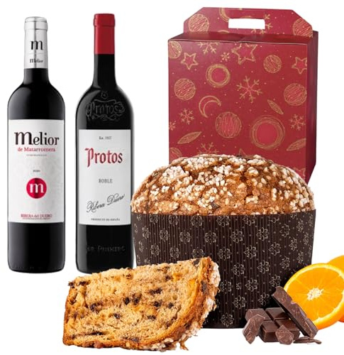 ENOVINOS Cesta Gourmet Regalo Navidad Empresas, Familia y Amigos - Caja con Vino Protos Roble, Melior Matarromera y Panettone Antonella Chocolate y Naranja