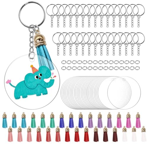 NVGFTG 120 Stück Acryl Schlüsselanhänger Rohlinge Set Acryl Anhänger | Enthält Acrylscheibe Rund mit Loch, Schlüsselringe mit Kette, Biegeringe, Bunt Quasten Anhänger für DIY Schlüsselbund Basteln