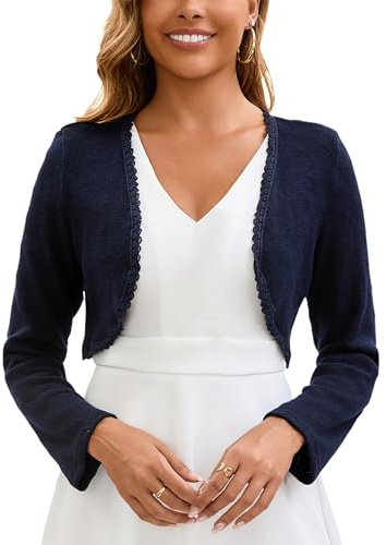 Enjyam Women Long Sleeve Knitted Crochet Cardigans Elegant Lady Open Front Bolero-Navy Blue/XXL